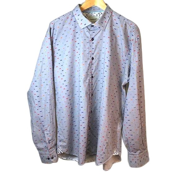 Luchiano Visconti Navy White Striped Multicolor Bow-Tie Print Dress Shirt XXL - Picture 14 of 15